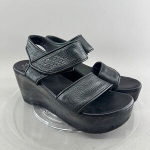 Colleen Cordero Womens Platform Wedge Sandals Black Leather Hook & Loop Size 6.5